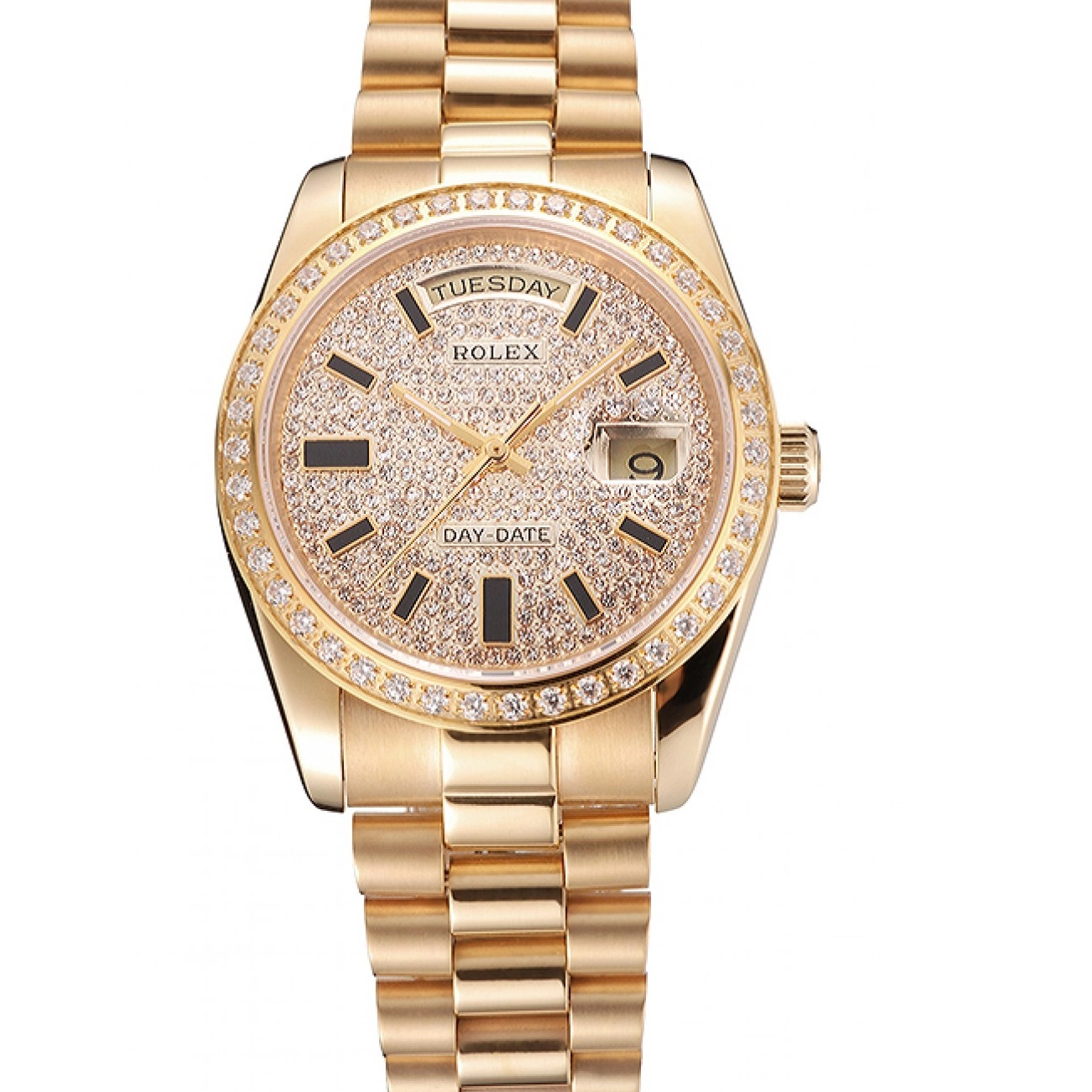 MiroTime 0811 Swiss Rolex Day Date Diamond Pave Dial And Bezel Gold Case And Bracelet